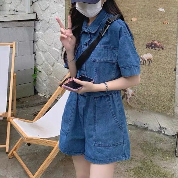 デニムセットアップ ゆったり短袖ポケット付きデニム上下セット