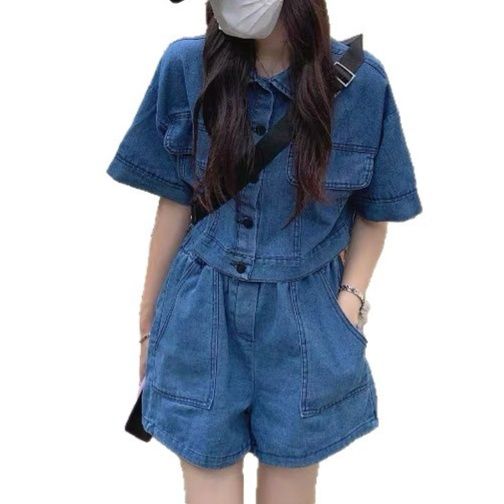 デニムセットアップ ゆったり短袖ポケット付きデニム上下セット