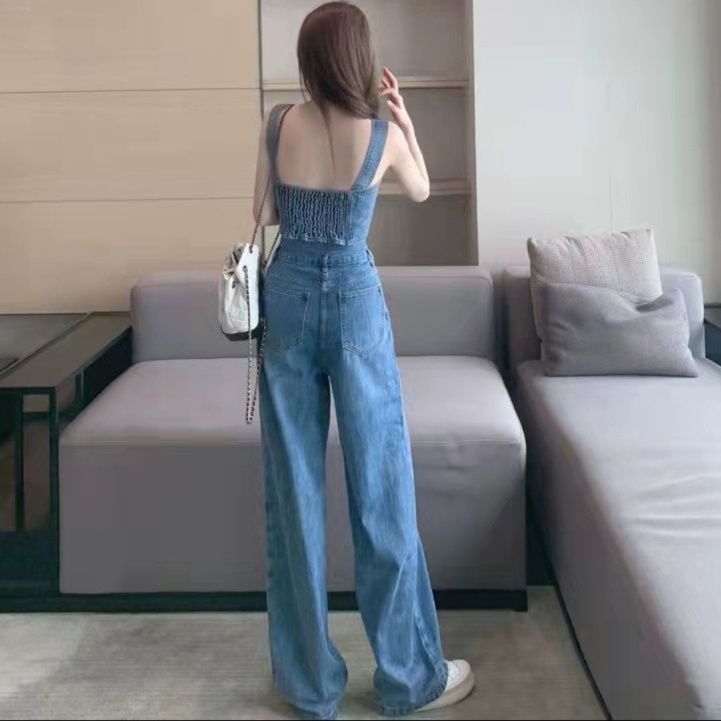 デニムセットアップ アシンメトリービスチェワイドパンツセット