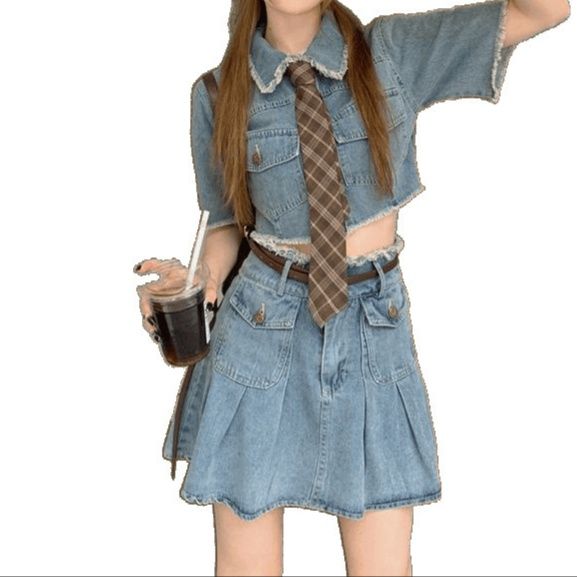 デニムセットアップ ネクタイ風クロップドセット