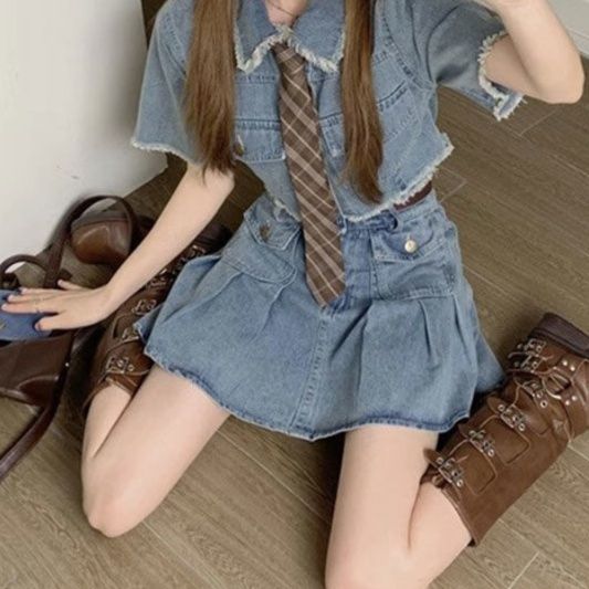 デニムセットアップ ネクタイ風クロップドセット