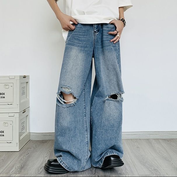デニムセットアップ ゆったり半袖ダメージワイドセットアップ