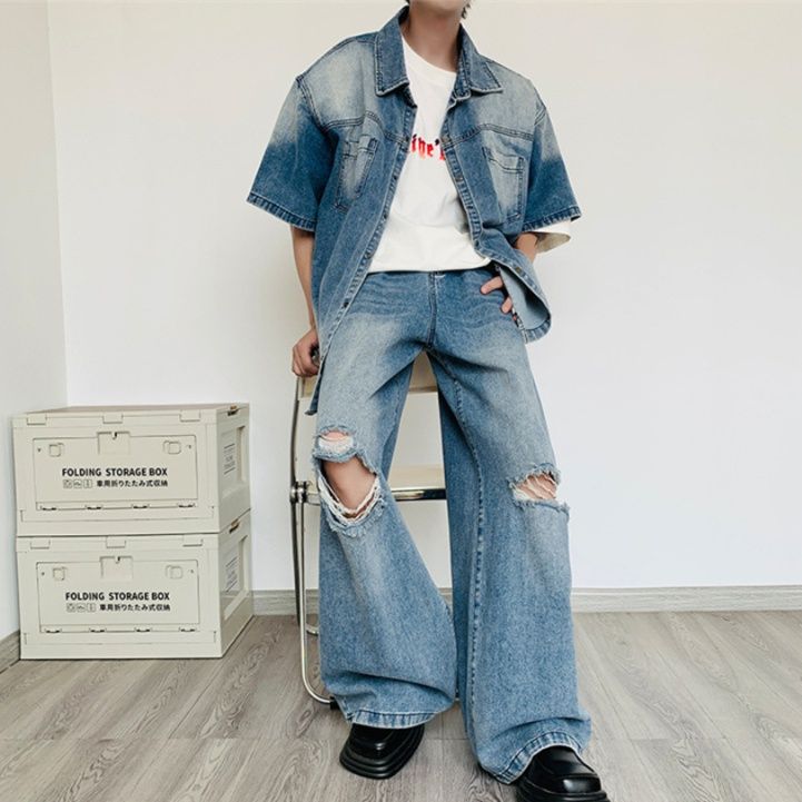 デニムセットアップ ゆったり半袖ダメージワイドセットアップ