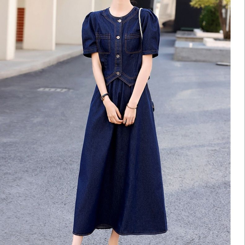 デニムセットアップ 優美なノーカラーデニムセットアップ
