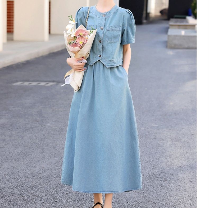 デニムセットアップ 優美なノーカラーデニムセットアップ