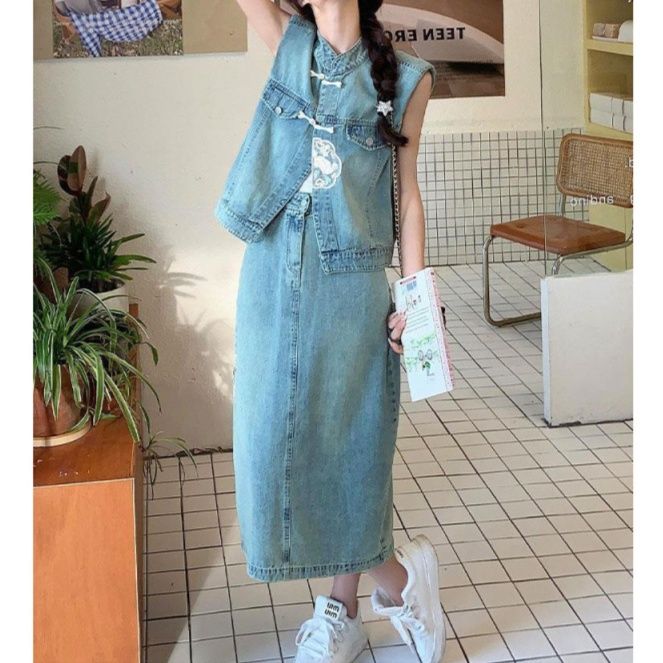 デニムセットアップ 刺繍ポケット付きノースリーブセットアップ