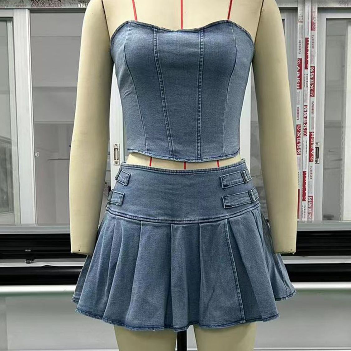 デニムセットアップ プリーツミニ ベアトップセット