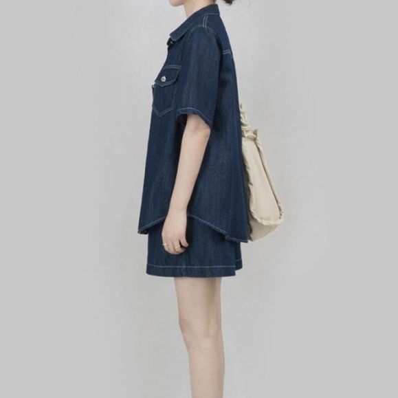 デニムセットアップ ゆったり半袖シャツ×ショートパンツセット