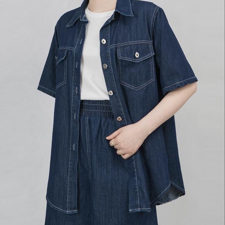 セットアップ デニム調 半袖シャツ＋ショートパンツ ブルー デニム 上下セット 夏 レディース ショートパンツ デニムシャツ