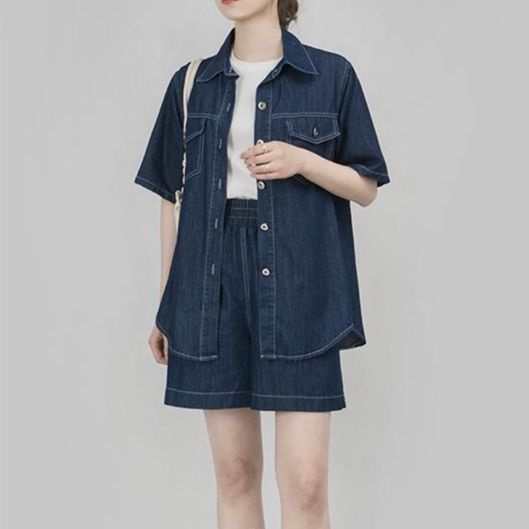 デニムセットアップ ゆったり半袖シャツ×ショートパンツセット