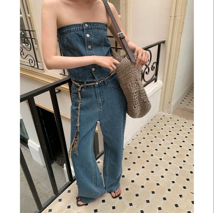 デニムセットアップ フロントボタン ビスチェワイドパンツセット