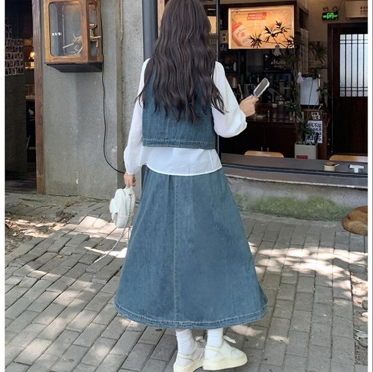 デニムセットアップ レトロ風ベスト風スカートセット