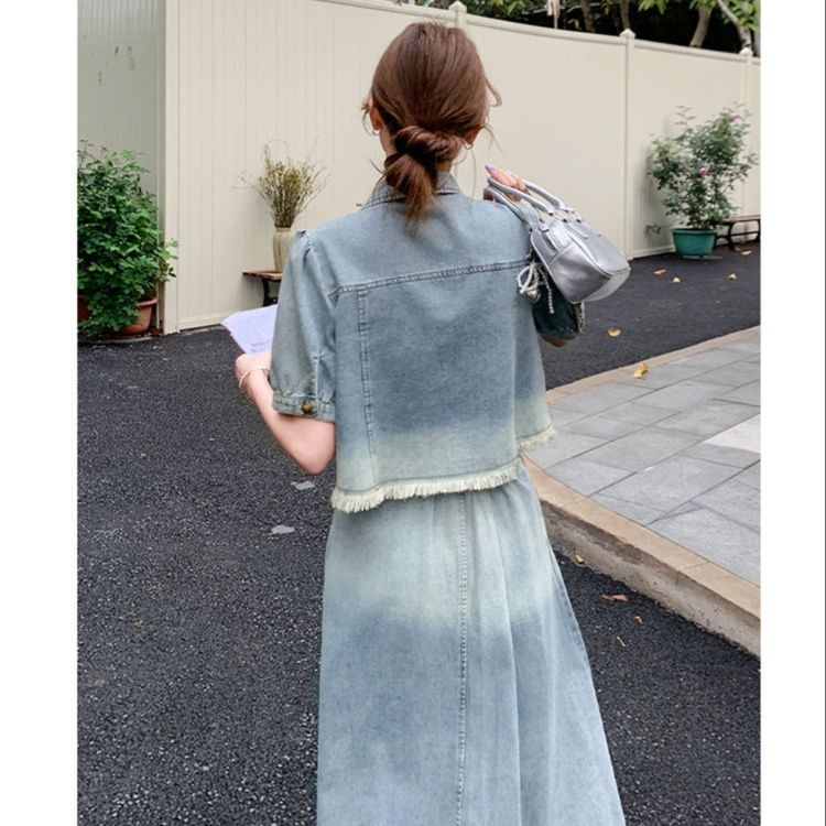 デニムセットアップ パフスリーブフリンジデニムセット
