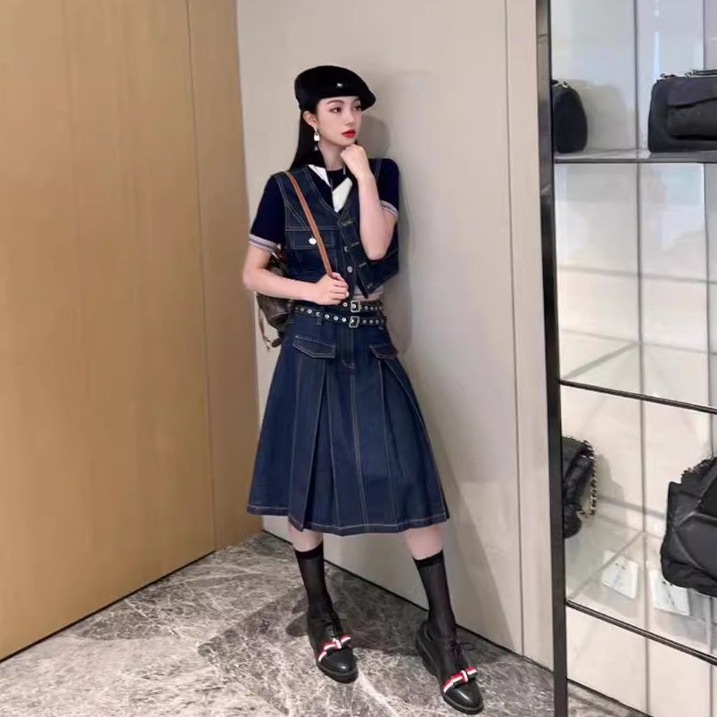 デニムセットアップ ミリタリーポケット ベスト＆プリーツスカート