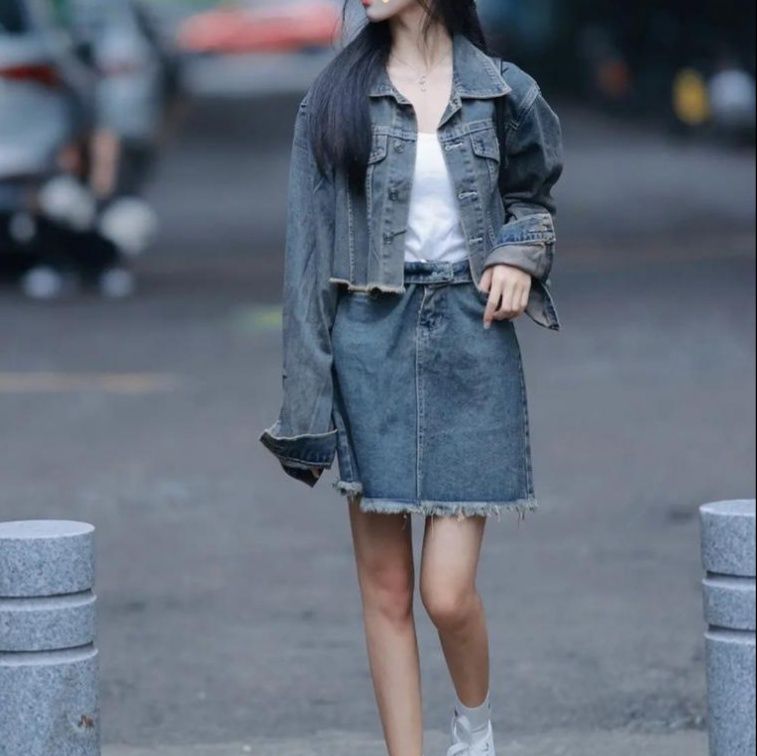 デニムセットアップ 裾フリンジデニム上下セット