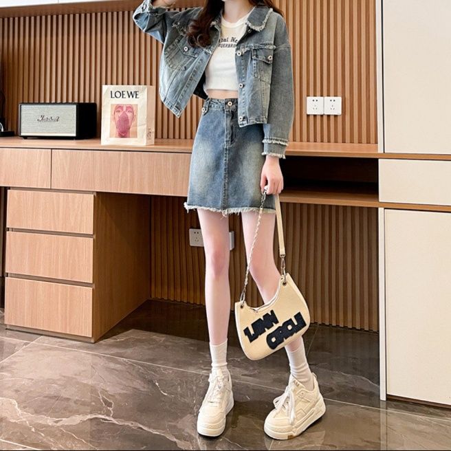 デニムセットアップ クロップドジャケットスカート カットオフ デニムセットアップ クロップド丈ジャケット×ミニスカート