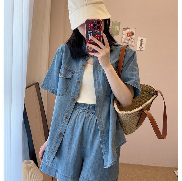 デニムセットアップ リラックス風合いシャツショートパンツ