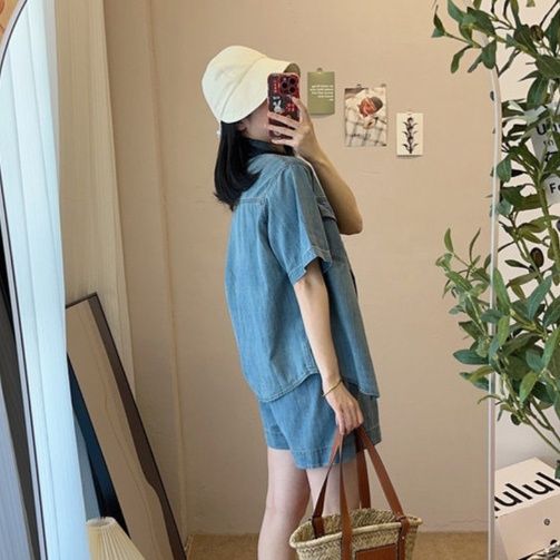 デニムセットアップ リラックス風合いシャツショートパンツ