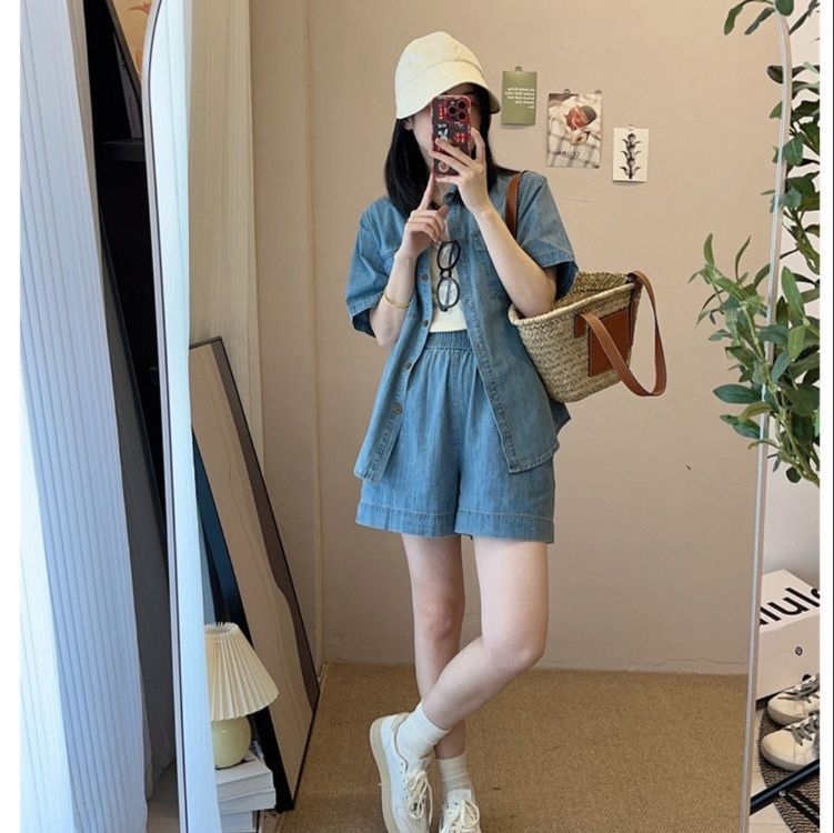 デニムセットアップ リラックス風合いシャツショートパンツ
