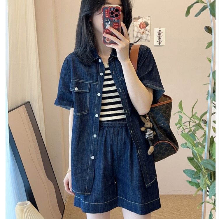 デニムセットアップ リラックス風合いシャツショートパンツ