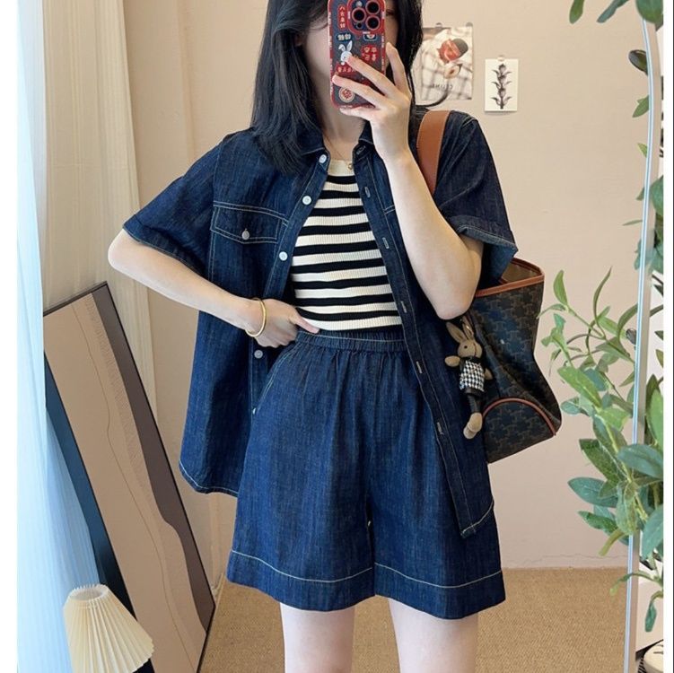 デニムセットアップ リラックス風合いシャツショートパンツ