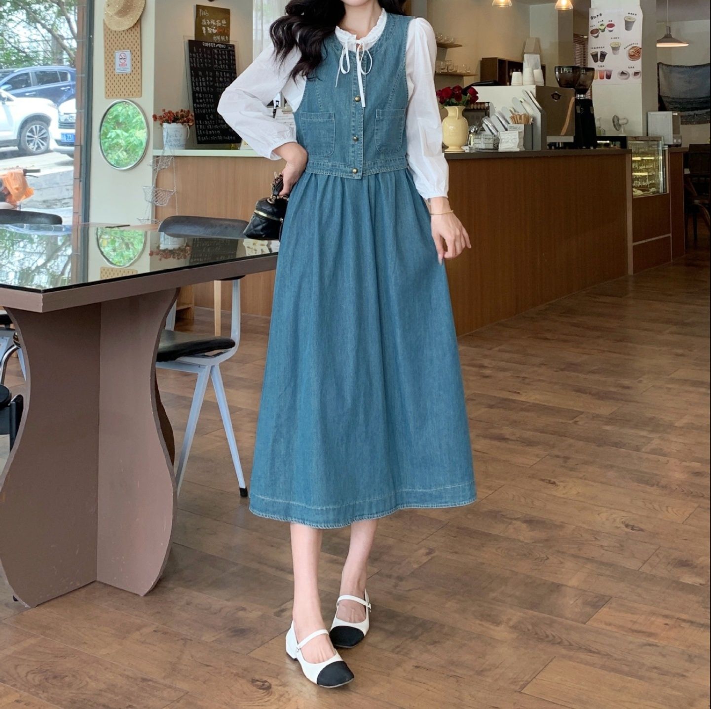 デニムセットアップ レイヤード風ベスト＆ロングスカート