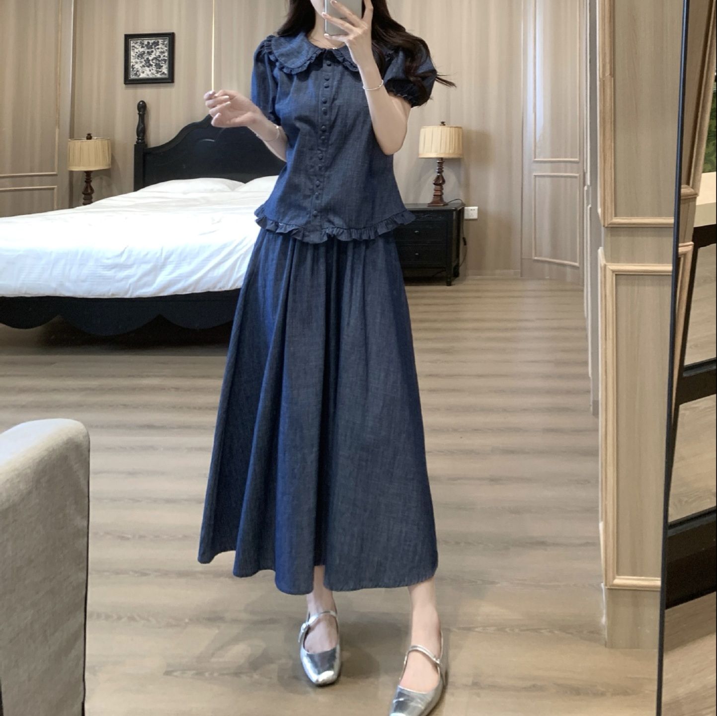 デニムセットアップ 優美な丸襟デニムロングワンピース