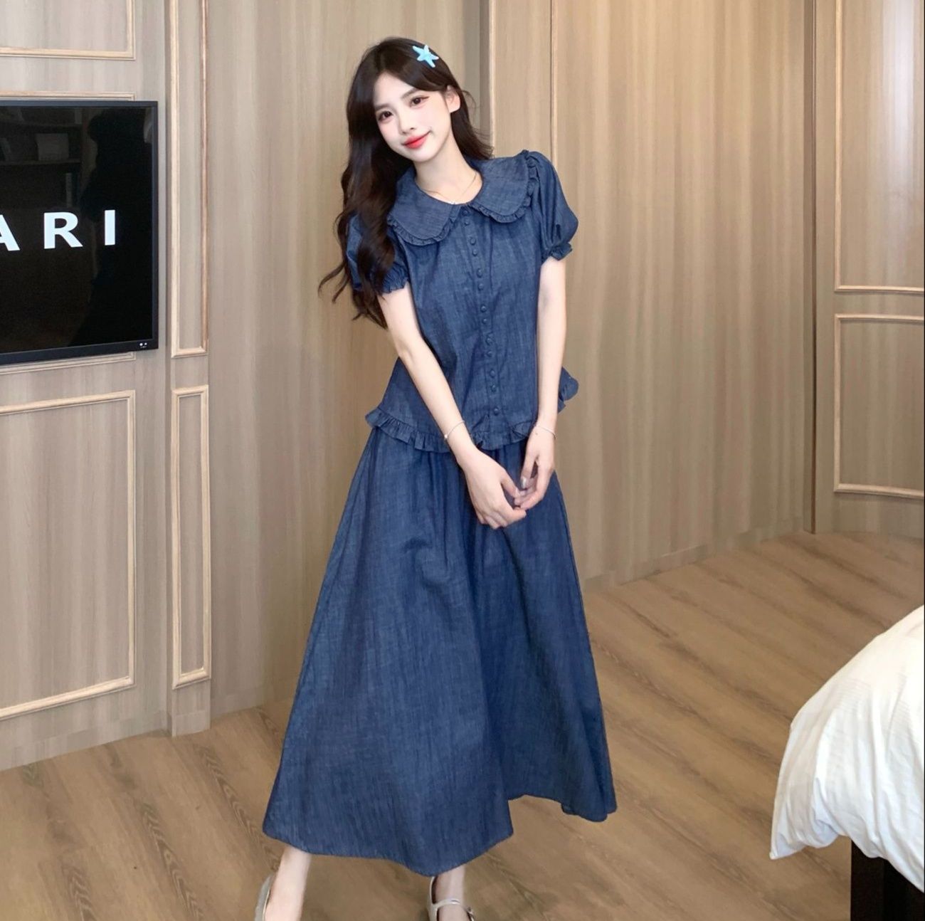 デニムセットアップ 優美な丸襟デニムロングワンピース