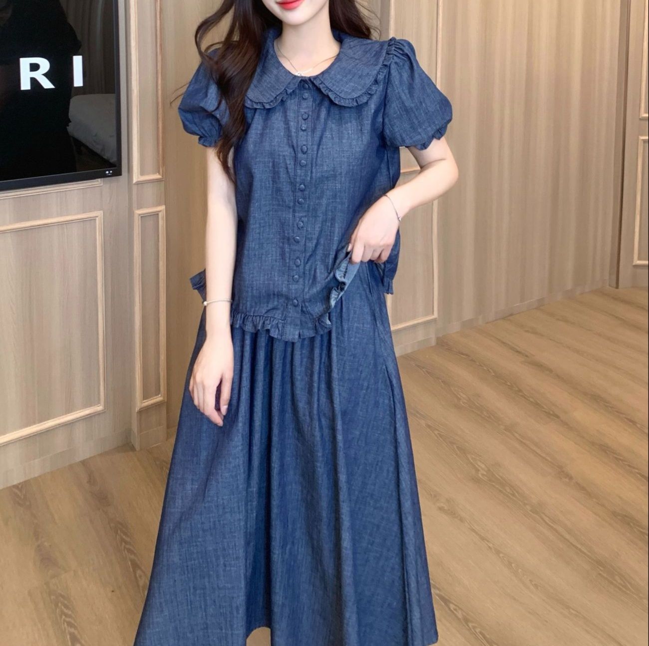 デニムセットアップ 優美な丸襟デニムロングワンピース