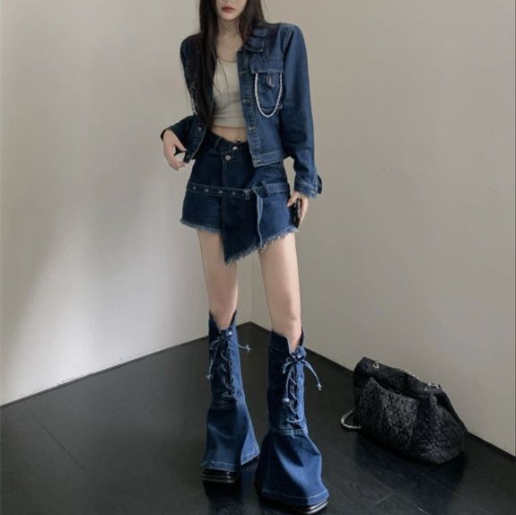 デニムセットアップ チェーン付きデニムジャケット＆スカート