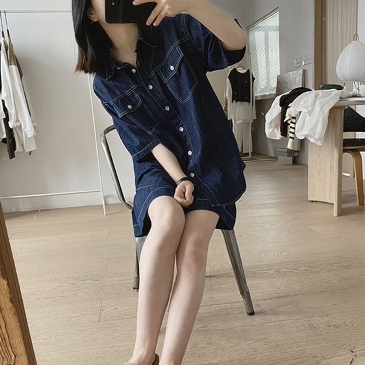 デニムセットアップ 半袖デニムシャツとショートパンツの上下セット