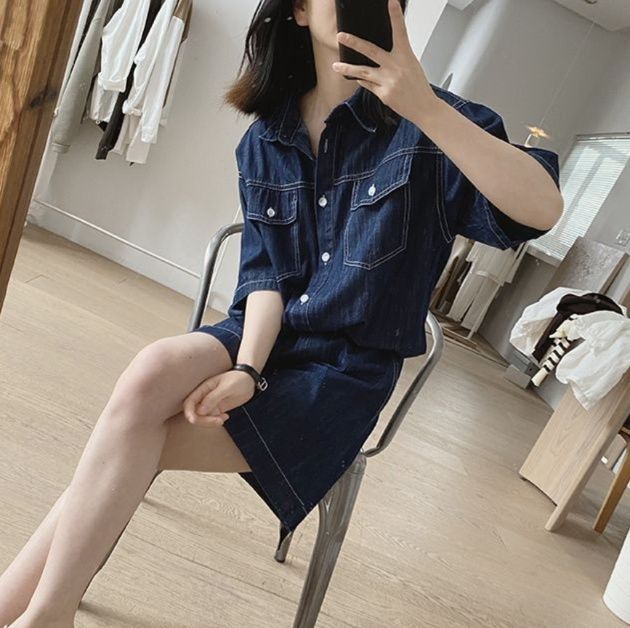 デニムセットアップ 半袖デニムシャツとショートパンツの上下セット