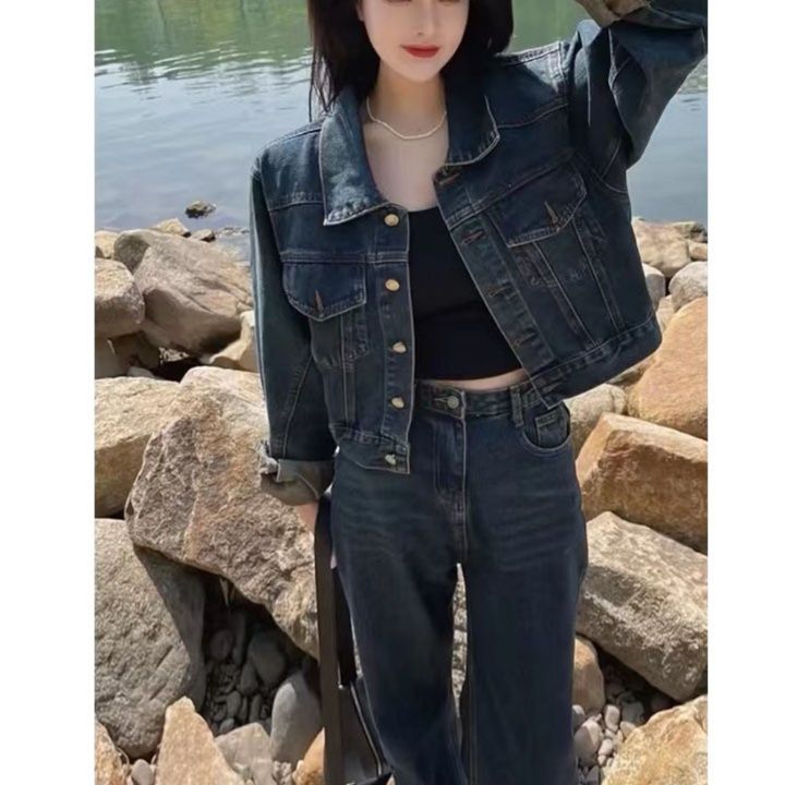 デニムセットアップ 大人女子に人気のゆったりデニムジャケットパンツ上下セット