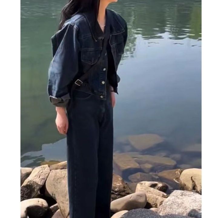 デニムセットアップ 大人女子に人気のゆったりデニムジャケットパンツ上下セット