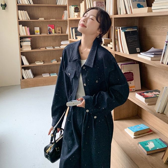 デニムセットアップ 星柄刺繍デニムジャケットワイドパンツセット