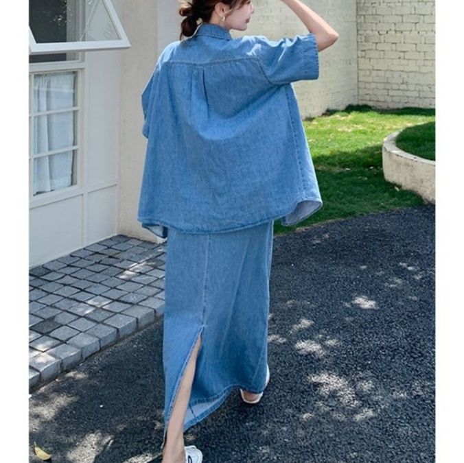 デニムセットアップ ゆったり五分袖シャツロングスカートセット
