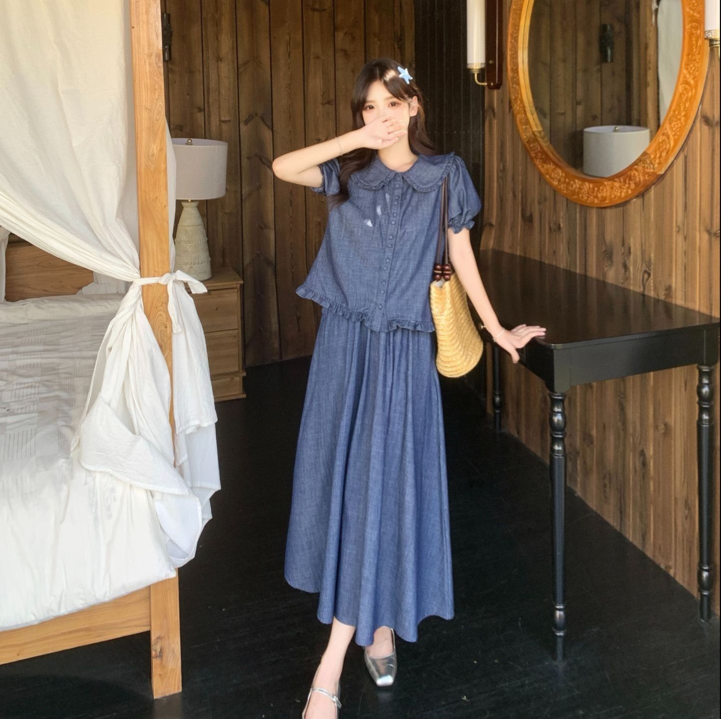 デニムセットアップ 優美な丸襟トップス＆デニムロンスカート