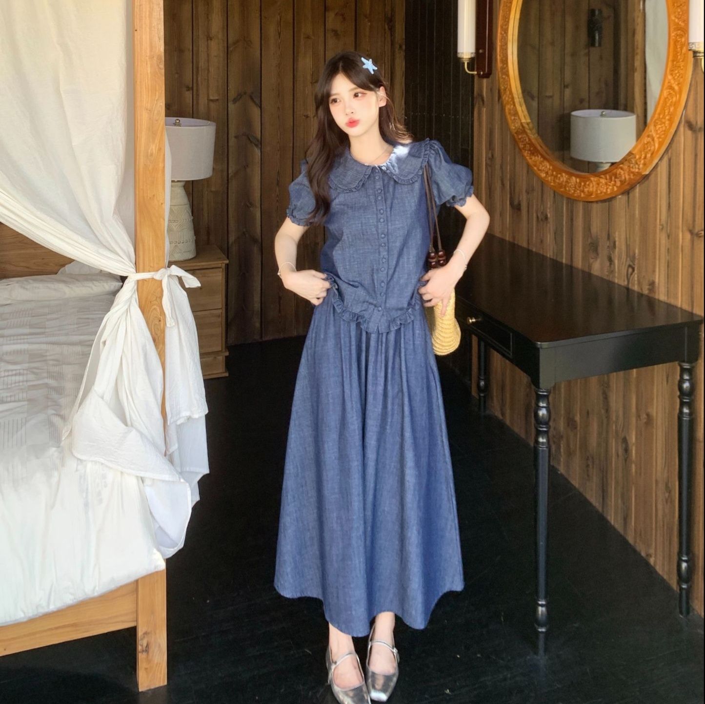 デニムセットアップ 優美な丸襟トップス＆デニムロンスカート
