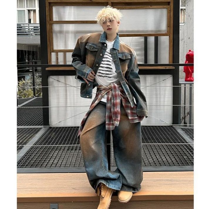 デニムセットアップ ゆったりシルエット上下セット二色使いデニム