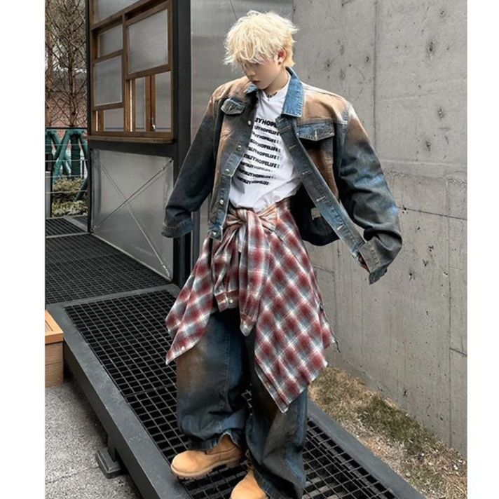 デニムセットアップ ゆったりシルエット上下セット二色使いデニム