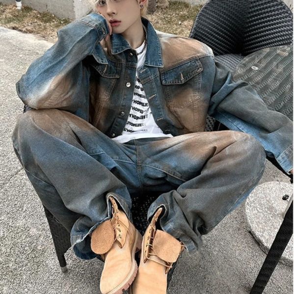 デニムセットアップ ゆったりシルエット上下セット二色使いデニム