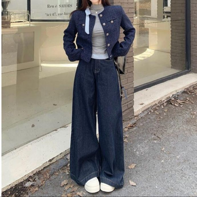 デニムセットアップ 上品な金属ボタン付きショート丈ジャケット×ワイドパンツセット