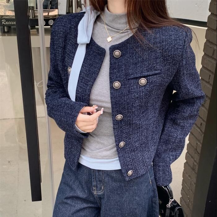 デニムセットアップ 上品な金属ボタン付きショート丈ジャケット×ワイドパンツセット