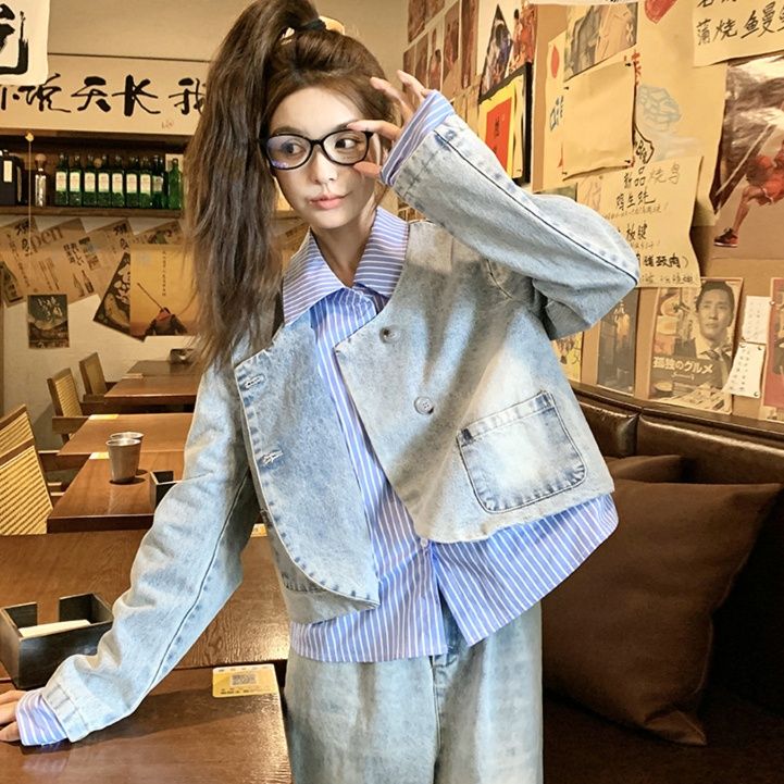 デニムセットアップ ダブルボタンデニムジャケットパンツセット