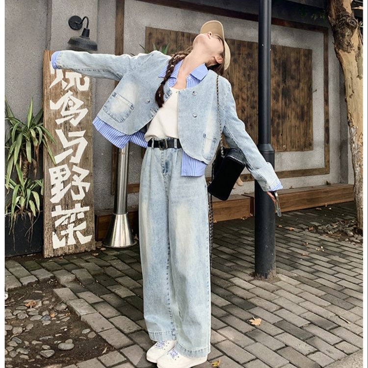 デニムセットアップ ダブルボタンデニムジャケットパンツセット