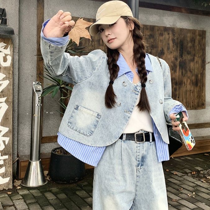 デニムセットアップ ダブルボタンデニムジャケットパンツセット