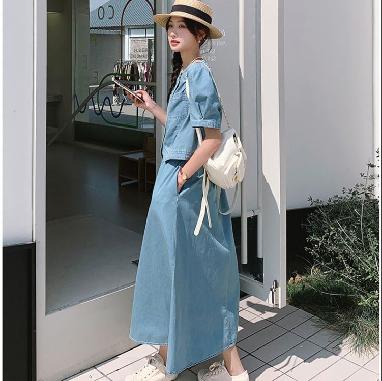 デニムセットアップ パフスリーブデニムジャケット&ロングスカートセット