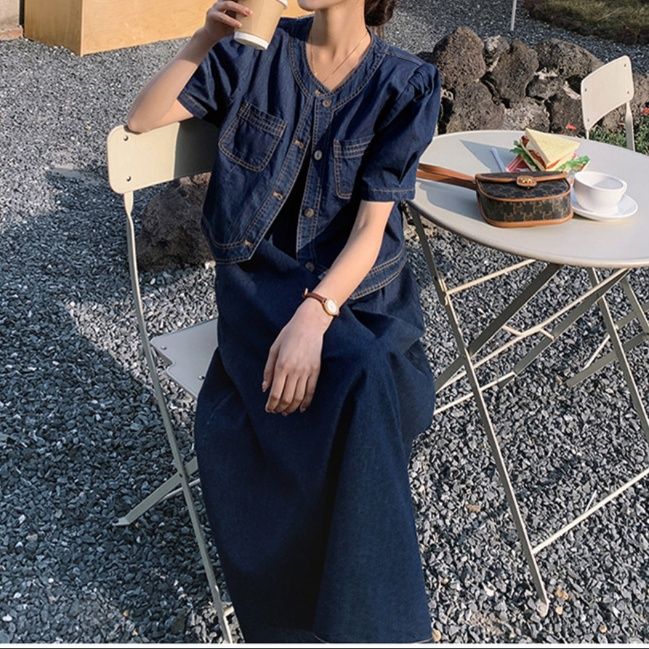 デニムセットアップ パフスリーブデニムジャケット&ロングスカートセット