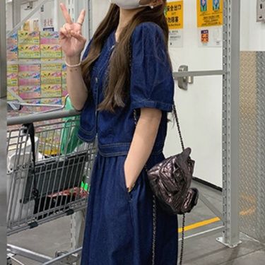 デニムセットアップ パフスリーブ付きデニム上下セット
