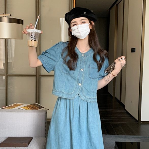 デニムセットアップ パフスリーブ付きデニム上下セット